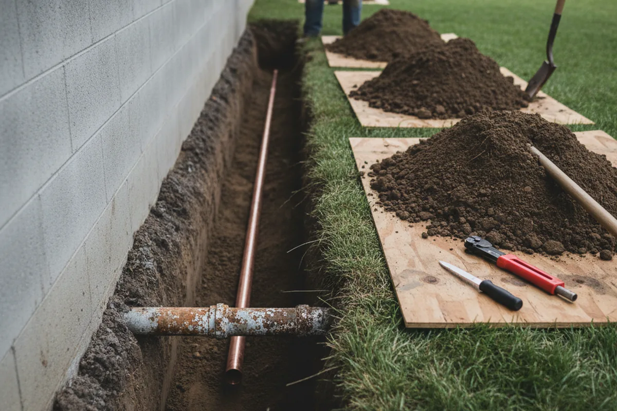 Excavated water line trench during Water Softener Installation in Milford Center